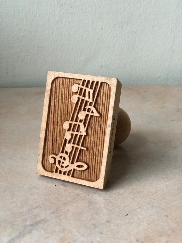 Wooden Cookie Mold or Cutter w/ Handle Featuring a Musical Phrase / Notes Design