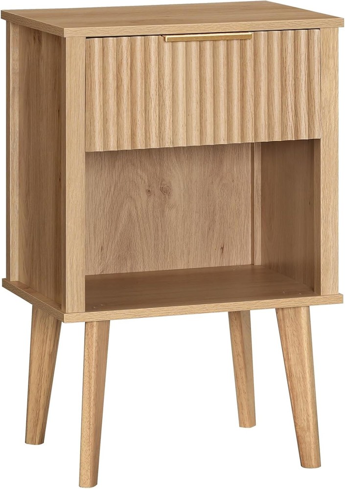 End Table, Fluted Night Stand, Modern Side Bedside Table with Natural