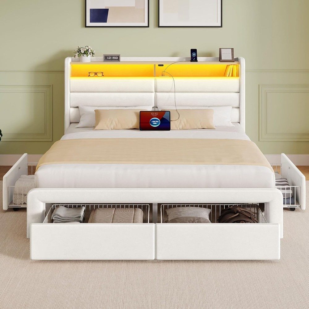 Queen Size Bed Frame with 4 Storage Drawers & LED Lights