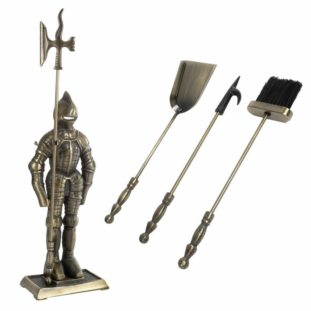 Fireplace Set Cast Iron Tools Brush Shovel Poker Midieval Statue Guard