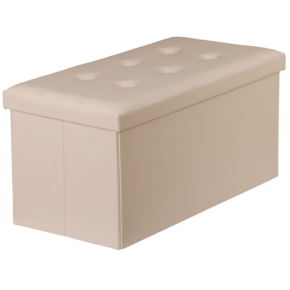 30" Folding Storage Ottoman Footstools MDF Frame Soft Leather Cover Seat Beige