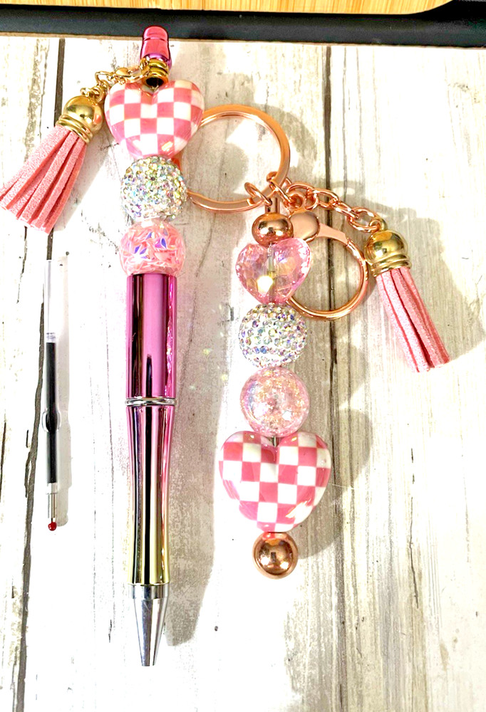 HAND MADE BEAD PEN & BEAD KEY CHAIN - & INK REFILL- heart