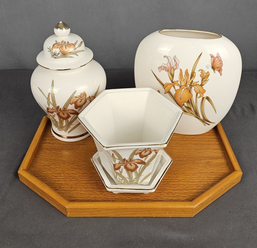Vintage ORANGE IRIS Planter Ginger Jar & Vase Fine China