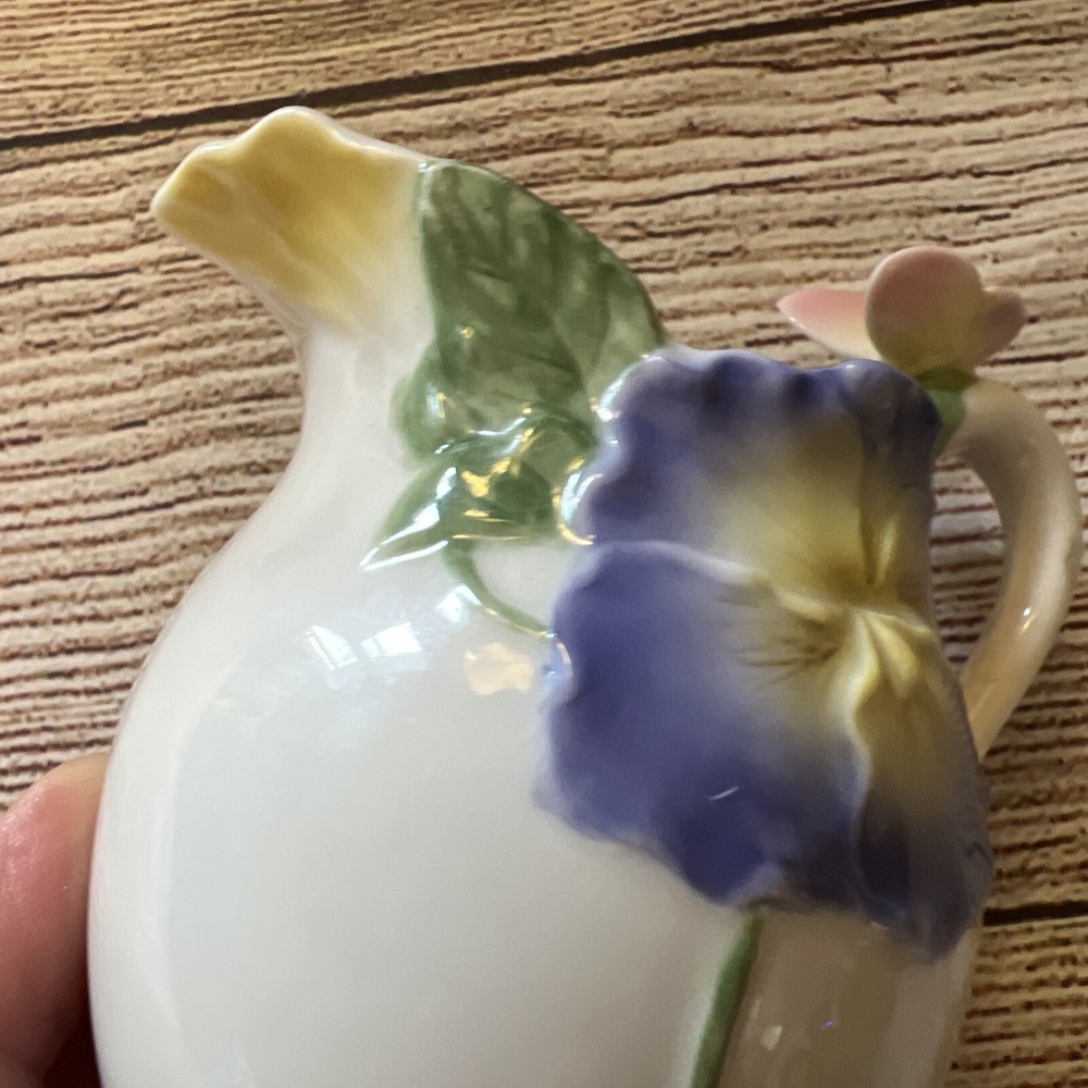 Ceramic Creamer Pitcher White Pansies Butterfly 2002 YH 4”