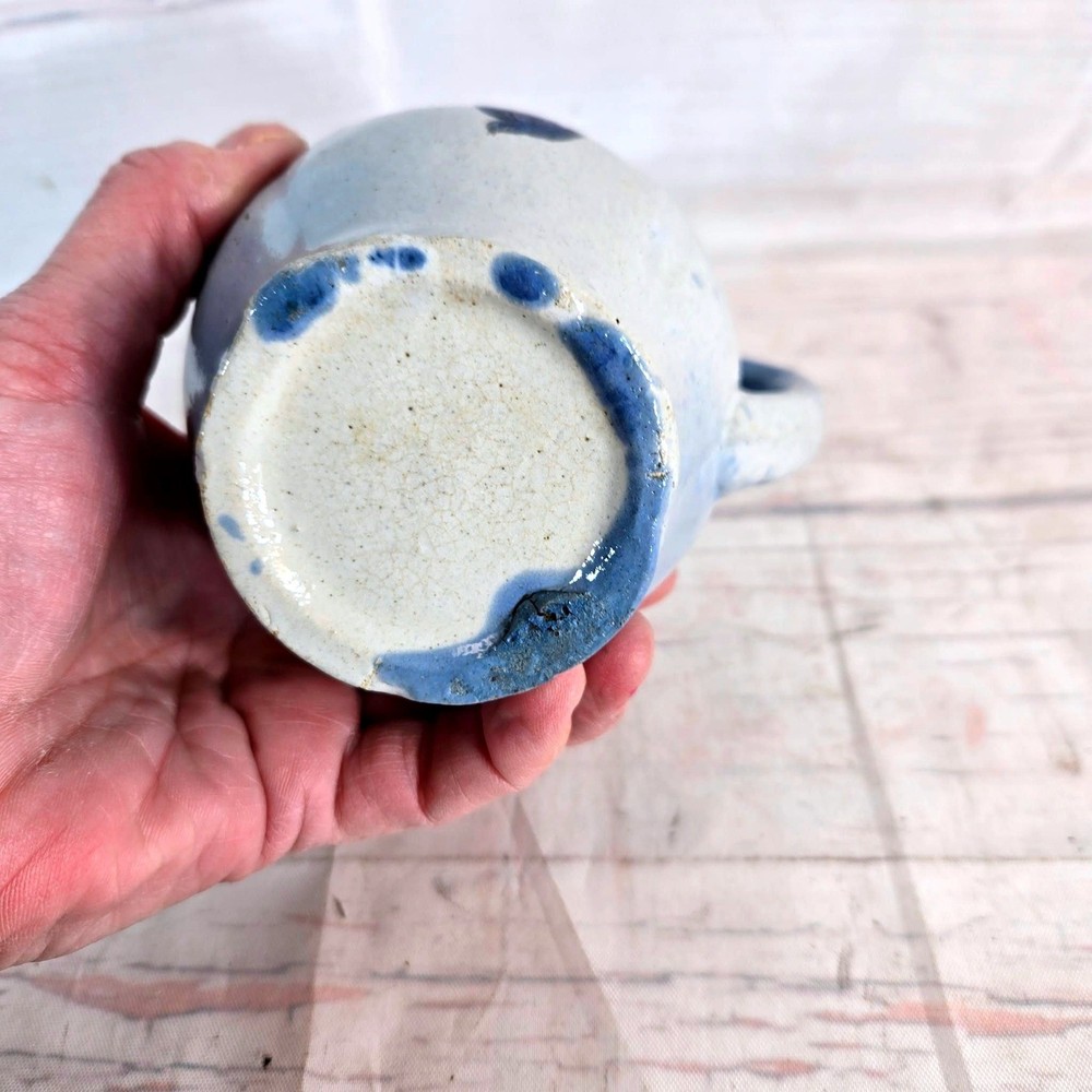 Vintage Blue White Ceramic Mug Small Pitcher Bird Design Handle