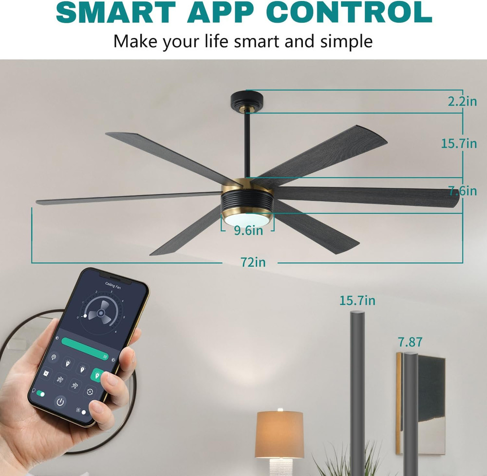 Ceiling Fan with Lights and Remote, 6 Blade App Control Timer Reversible Steples