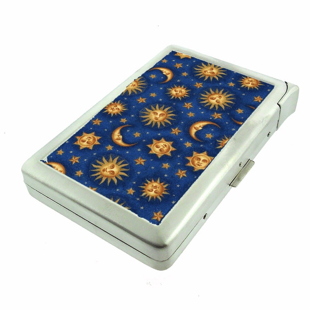 Celestial Whimsy Sun & Moon Image Cigarette Case w/Built in Lighter Metal Wallet