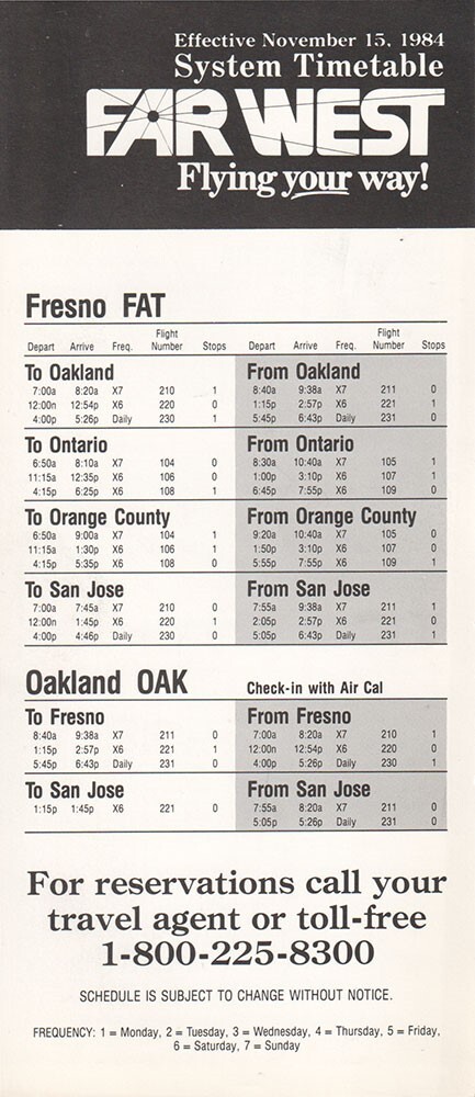 Far West Airlines timetable 1984/11/15