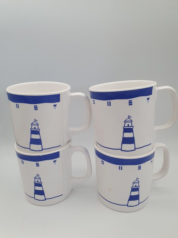 JAB MELAMINE CUPS LIGHTHOUSE AND SHIPS BLUE AND WHITE