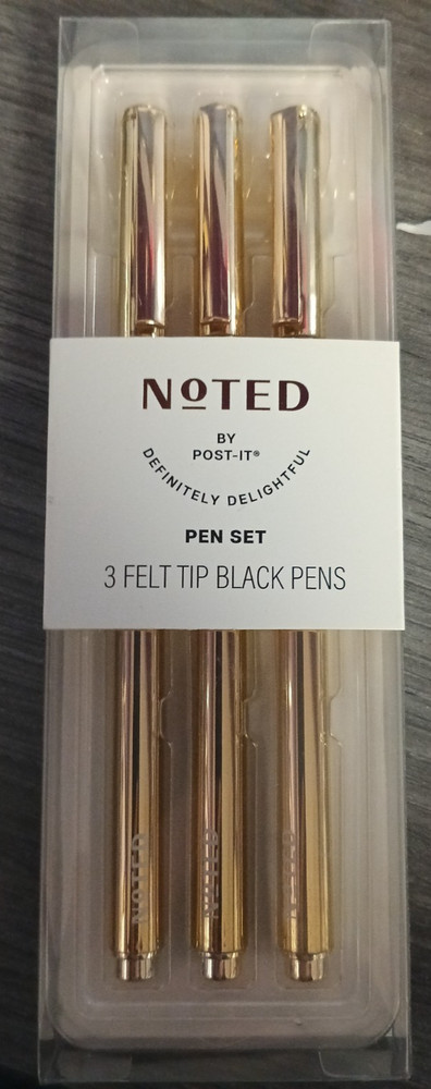 Noted By Post-it  3 Black Felt Tip Pens Gold Barrel