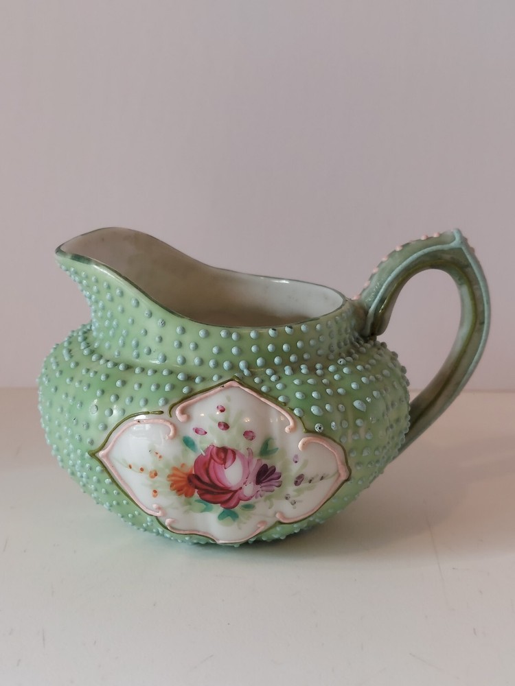 Handpainted Moriage Creamer Green With Flowers