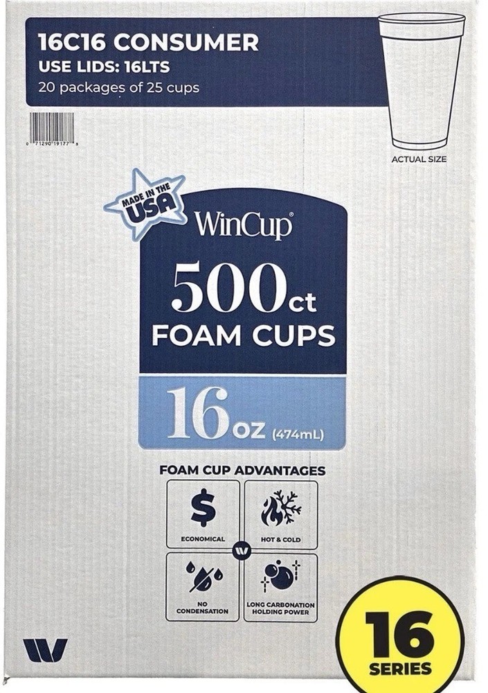 WinCup Foam Drink Cups, White, 16 oz.