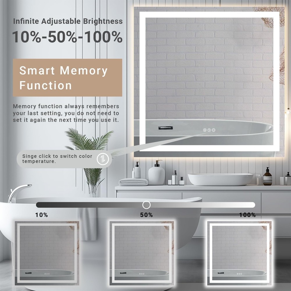 36"x 36" LED Bathroom Mirror with Stepless Dimmable, Backlight Wall Mirrors w...