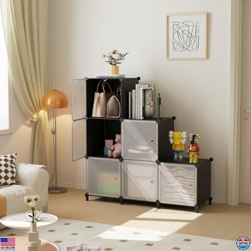ATTSL6001 Black 6-Cube Storage Organizer - Stackable Plastic Shelves with Doors