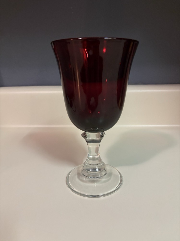 Vintage 7.25” Ruby Red with Clear Stem Wine Glasses~Replacement Piece