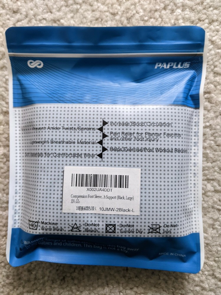 Paplus Compression Foot Sleeve. New in Package. 1 Pair. Black. Size Large