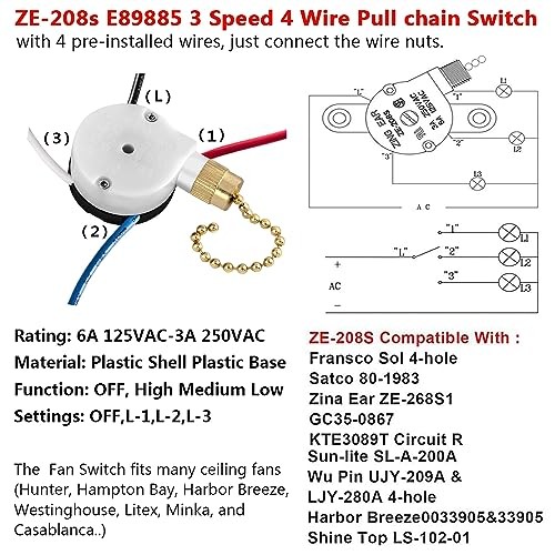 Ceiling Fan Switch Zing Ear ZE-208s E89885 3 Speed 4 Wire Pull 1 Piece Brass
