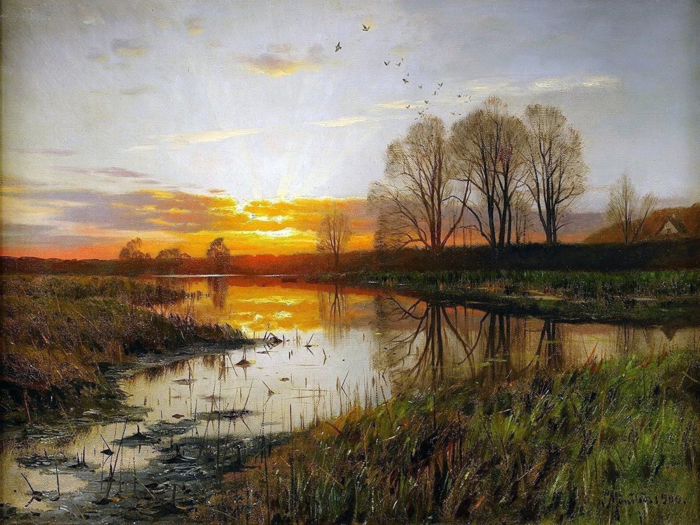 sunset meadow river by P. Monsted Tile Mural Kitchen Backsplash Ceramic 10x8