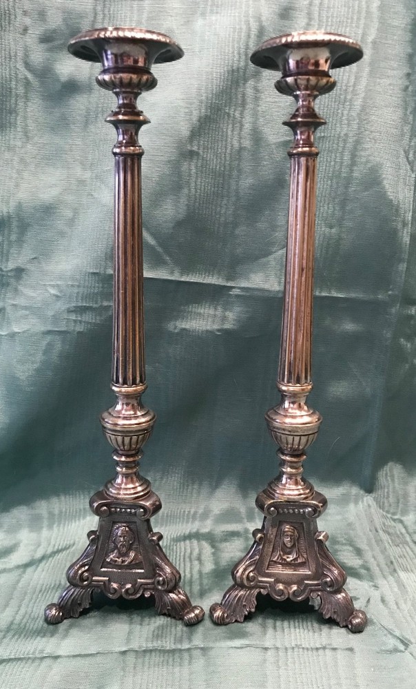 Antique Pair of Silver Plated Ecclesiastic Candlesticks
