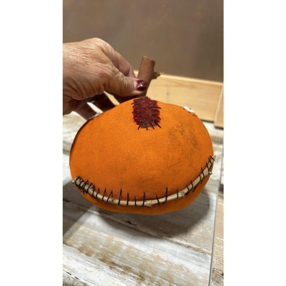 Primitive Style Pumpkin Head Wooden Stem Halloween