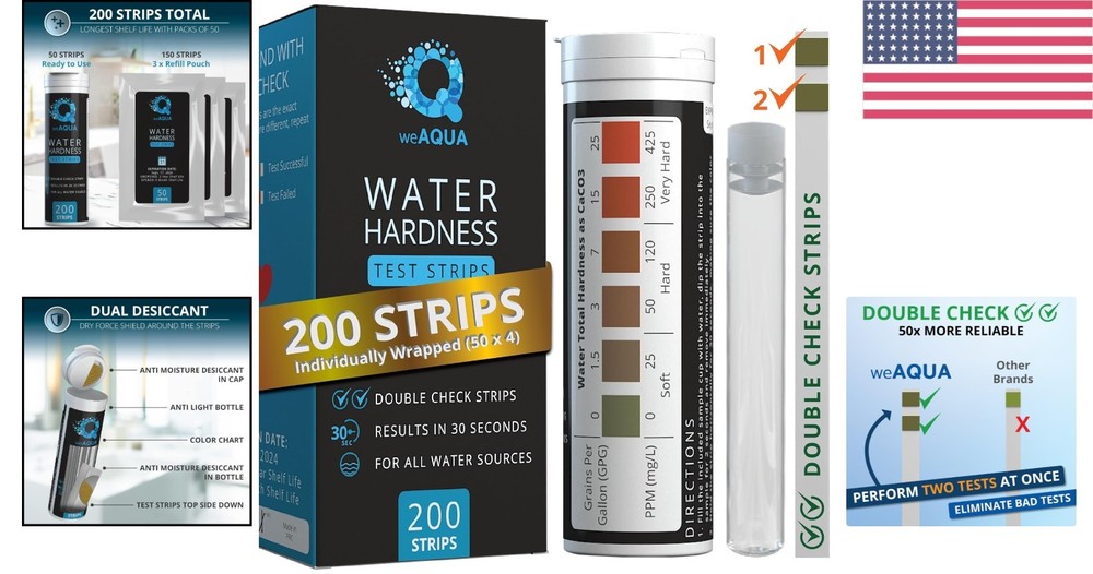 200-Pack Water Hardness Strips - DoubleCheck with Sample Cup for Precision