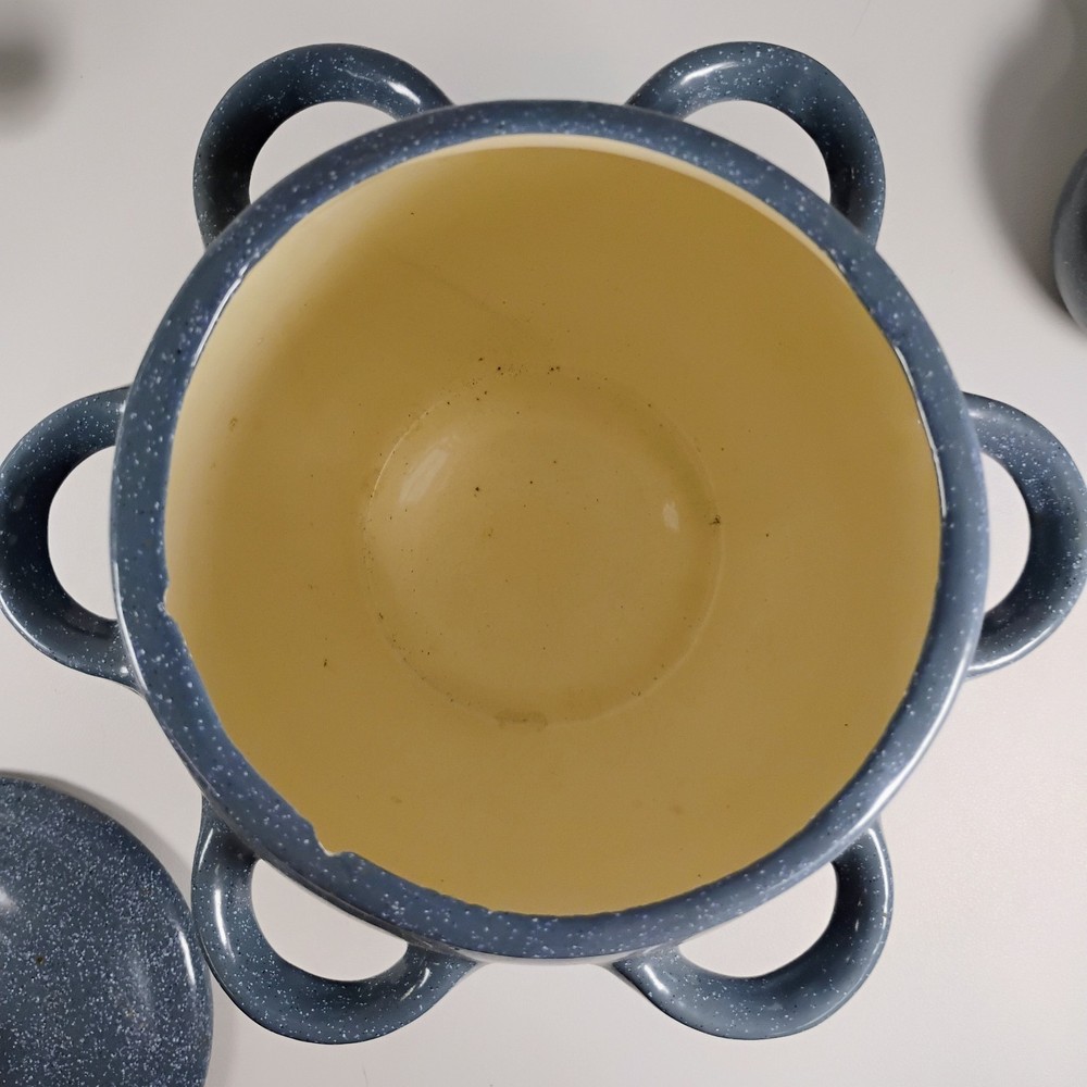 Ceramic Soup Pot Self Holding with Five Handled Bowls Blue Speckle