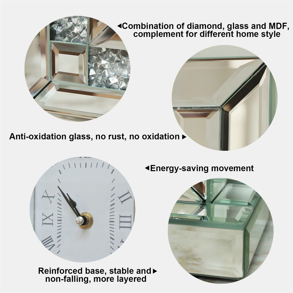 High-end Mirrored Desk Clock Crushed Diamond Table Clock Silver Glass Edge Frame