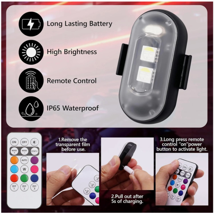 Wireless Rechargeable Strobe LED Lights, Waterproof Remote Control, 8 Colors