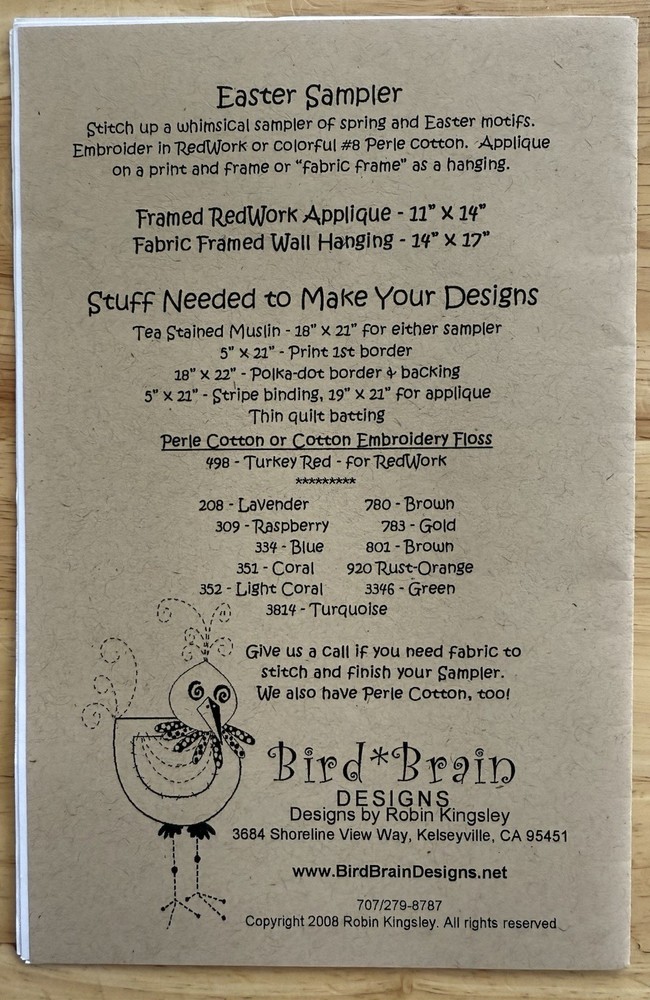Bird Brain Designs Easter Sampler Red work Appliqué & Wall Hanging Pattern # 283