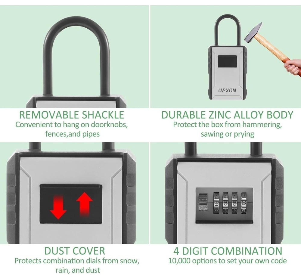 Key Lock Box, UPXON Extra Large Key Storage Box with Resettable Code, 4 Digit