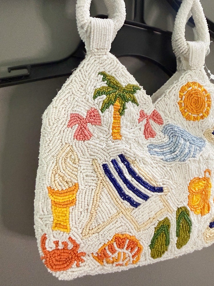 Beaded Beach Theme Shoulder Bag White Multicolor Double Handles Medium