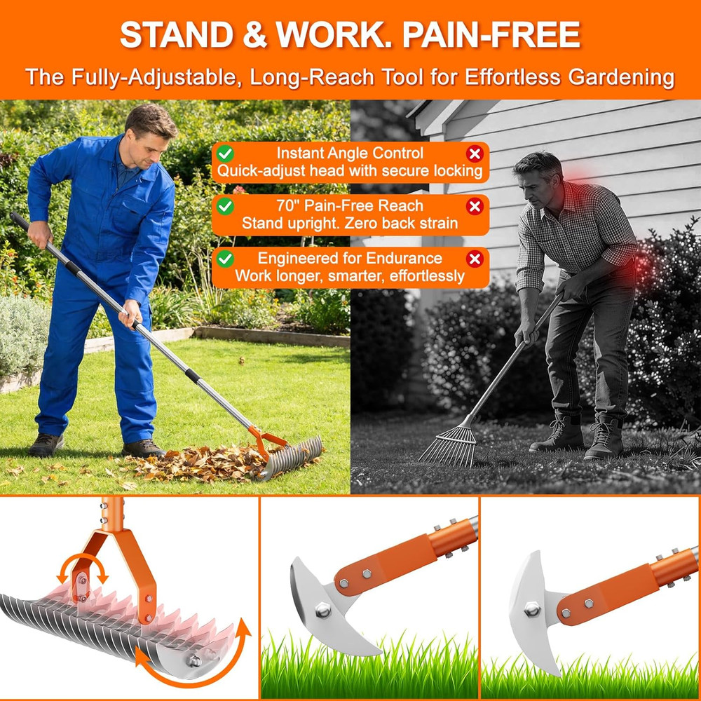 Adjustable 68" Thatch Rake with Dual-Action Tines for Lawn Dethatching
