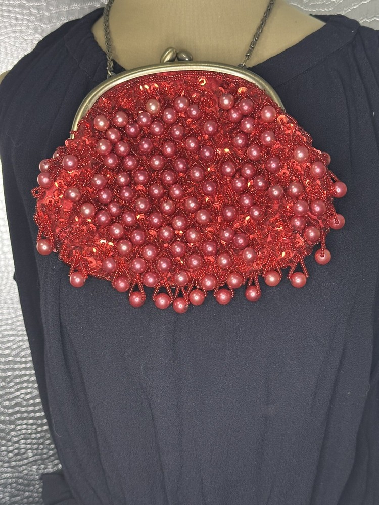 Red and Bronze Tone Dangle Bead Clutch with Shoulder Strap