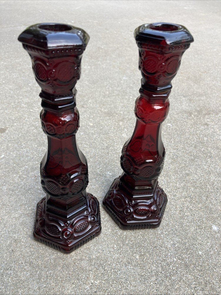 Avon 1876 Cape Cod Ruby Red Glass Candlestick Holders - Vintage - Pair 2 Empty