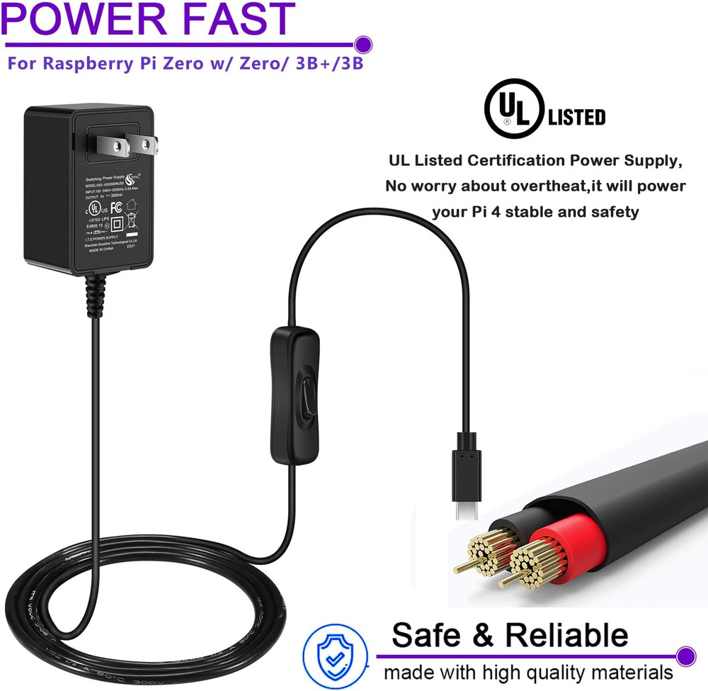 [UL Listed] Raspberry Pi Power Supply with Switch 15W 5V 3A Micro USB Raspberry