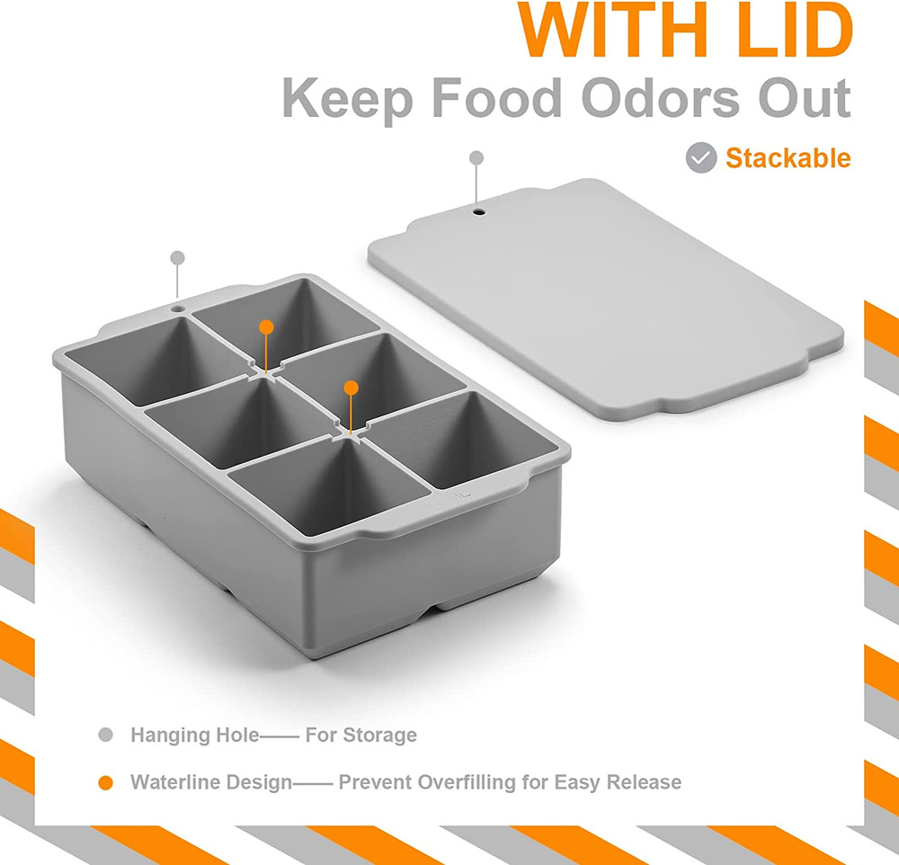 Large Ice Cube Tray with Lid, Stackable Big Silicone Square Ice Cube Mold for Wh