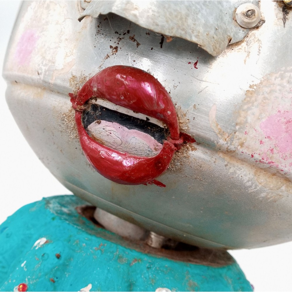 Robot Art Turquoise Planter OOAK Humanoid Assemblage Character Vintage