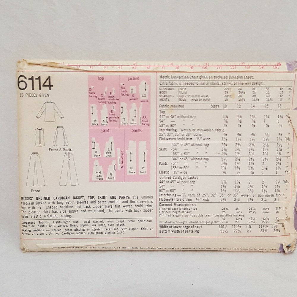 Jacket Top Skirt Pants Pattern Size 12 Miss Simplicity 6114 Uncut