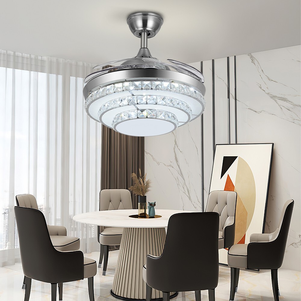 42 inches Silver 3-Ring Crystal Fan Ceiling Light