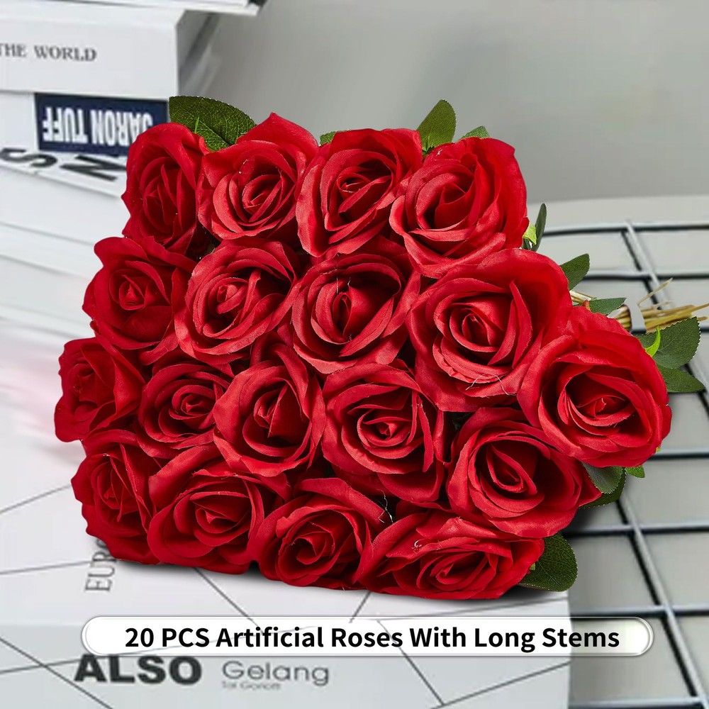 Pyopbow 20PCS Artificial Roses with Long Stems - Realistic Silk 20 PCS, Red