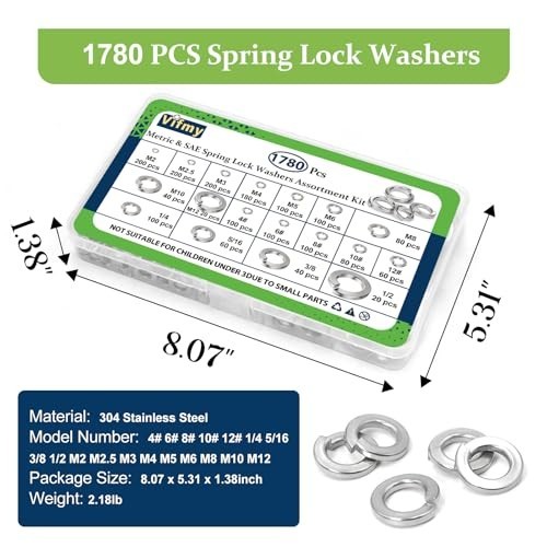 Spring Lock Washers Assortment Kit 1780 Pcs - Metric & SAE Split Washers, 304 SS