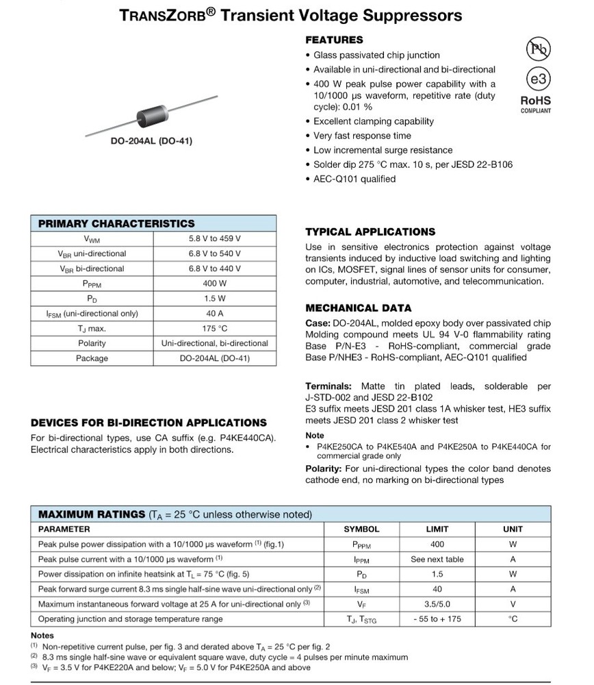 P4KE250A-E3/54 Transient Voltage Suppressor (Diode)