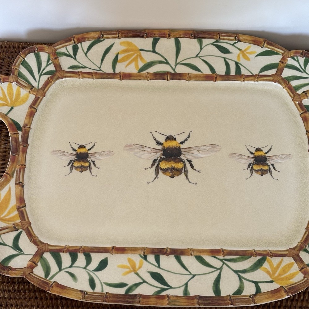 Melamine Picnic Platter Tray Yellow Bee Pattern Bamboo Cheese Party Board