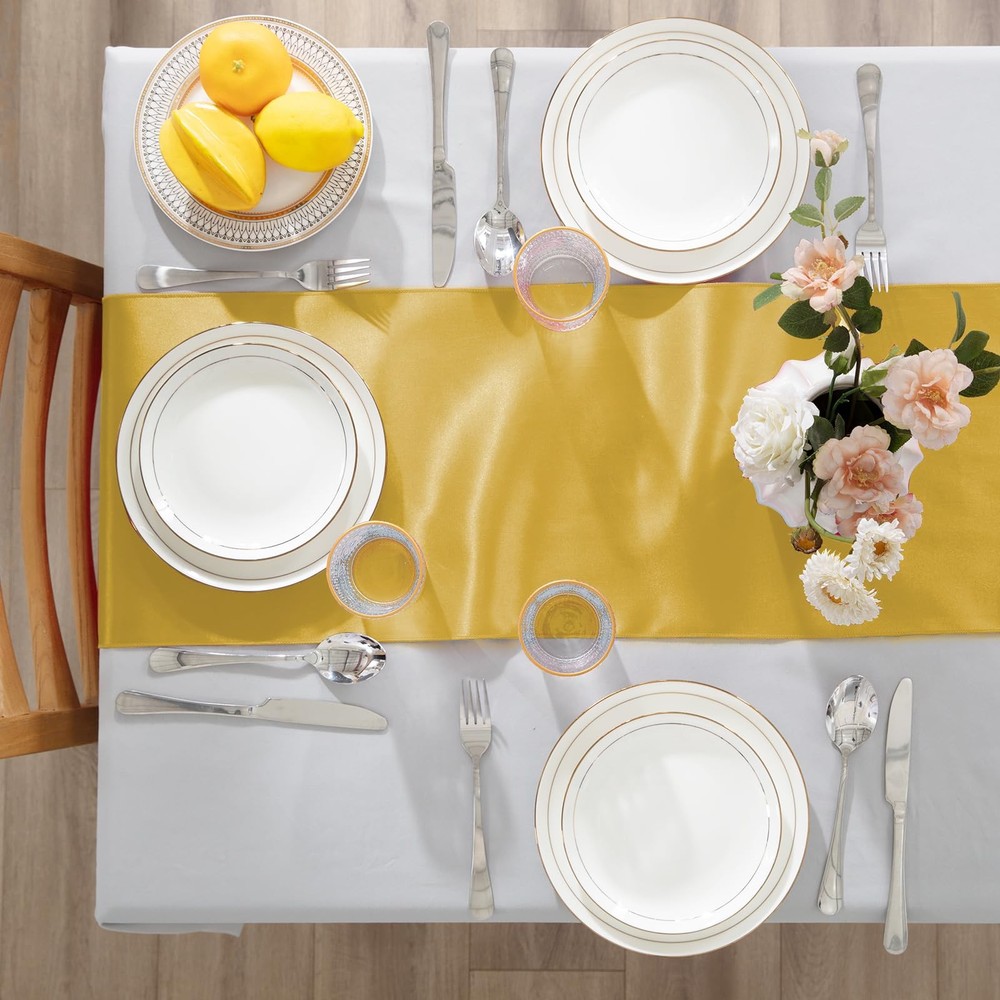 6 Pack Gold Table Runners 12 x 108 Inch Rectangular Smooth Satin Silk Decor
