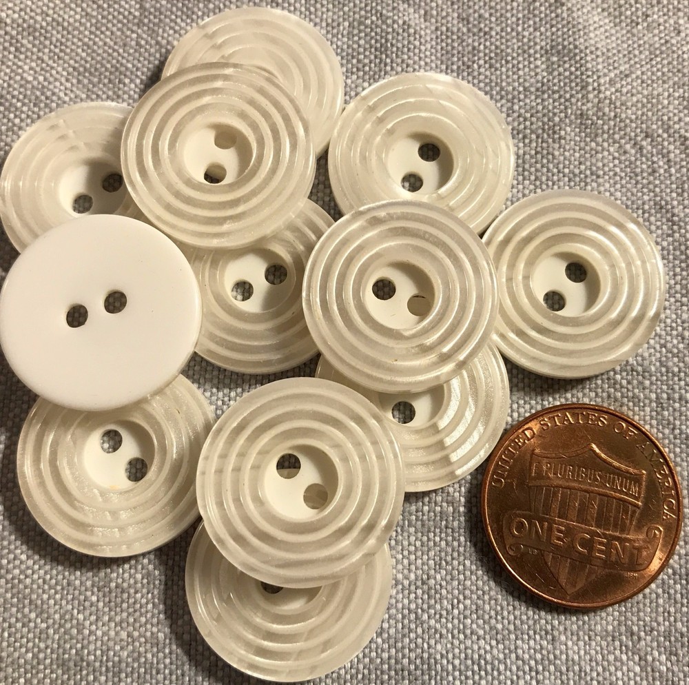 12 White Plastic Buttons Grooved Pearlized Front 3/4" 19mm # 8251