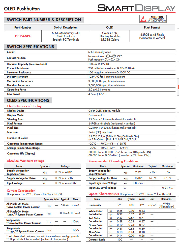 NKK Switch ISC15ANP4 OLED Push Button