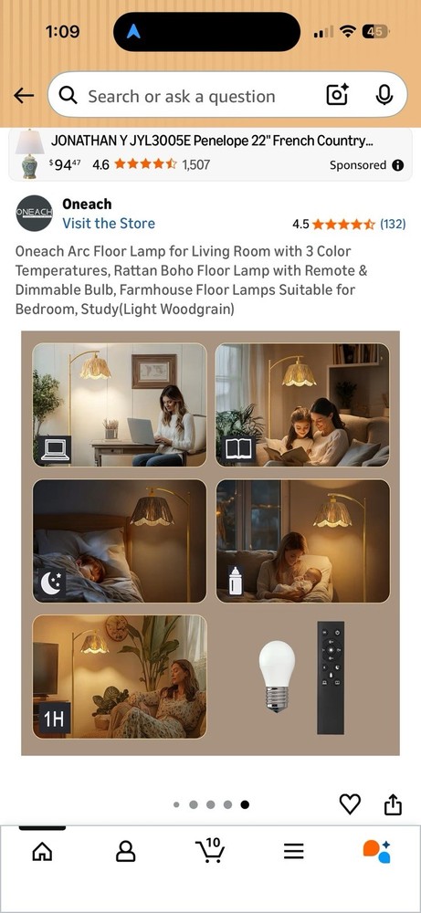 Oneach Arc Floor Lamp with Remote Control Three Colored Temperature