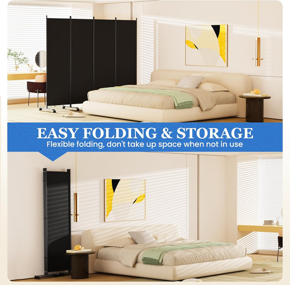 6FT Folding Room Divider with Lockable Wheels - 4 Panel Privacy Screen Black
