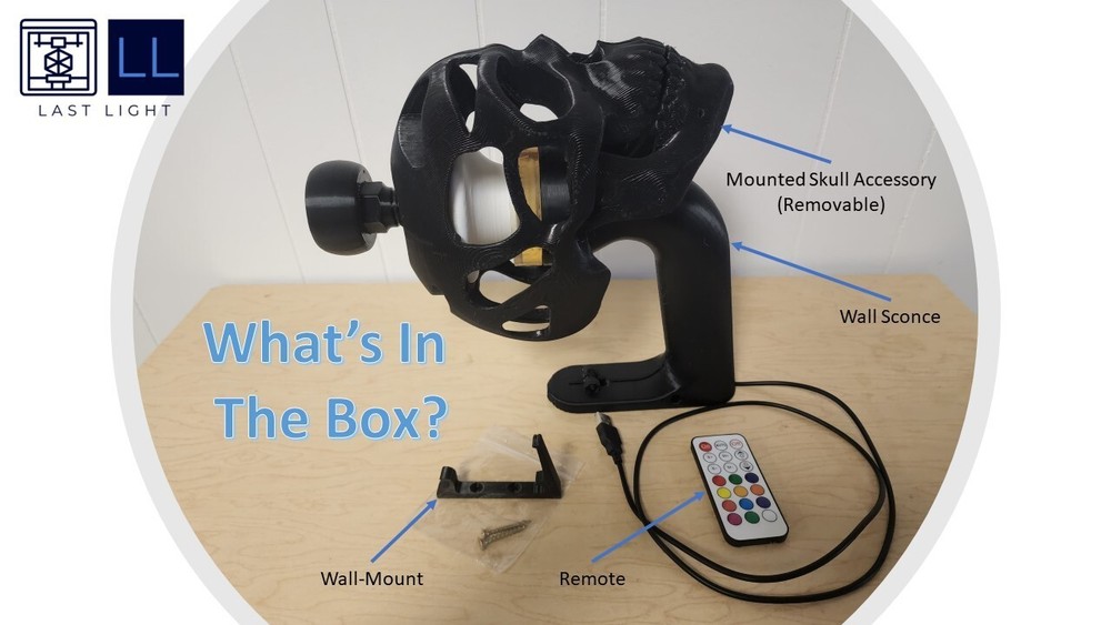 Helmet Wall Display with Skull - Remote Controlled LED - USB Powered