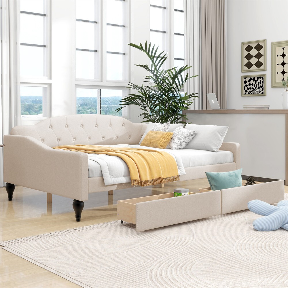 Full Size Daybed Upholstered Bed Frame Sofa Bed with 2 Storage Drawer Beige